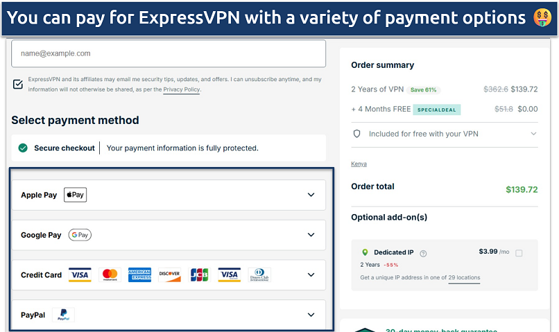 A screenshot of the ExpressVPN client billing page
