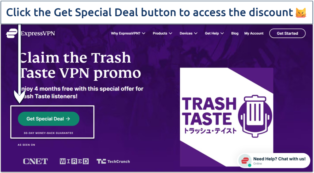 A screenshot of the Trash Taste ExpressVPN promo page