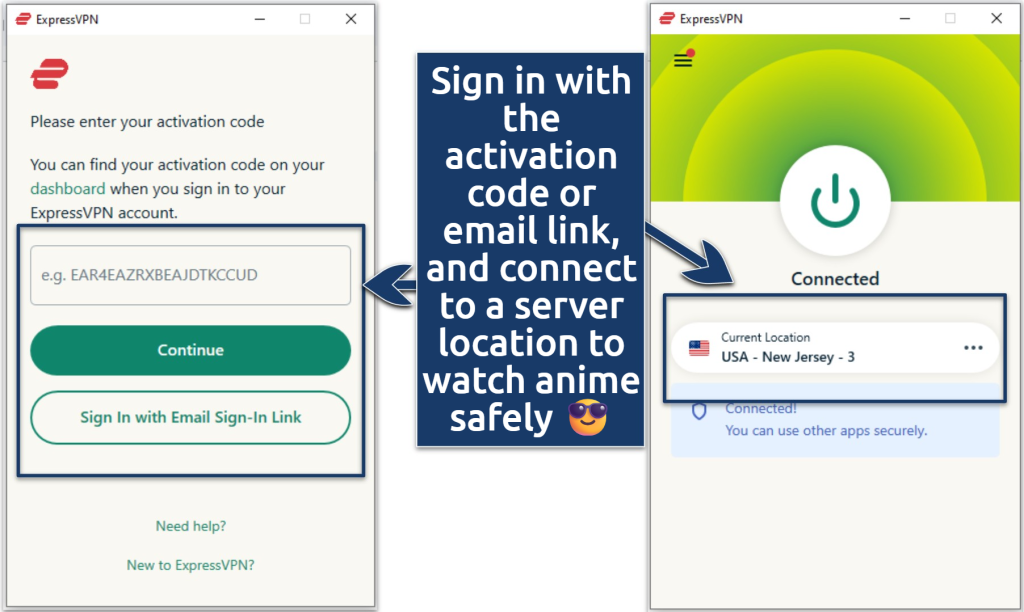 A screenshot of the ExpressVPN app sign-in and server list interfaces