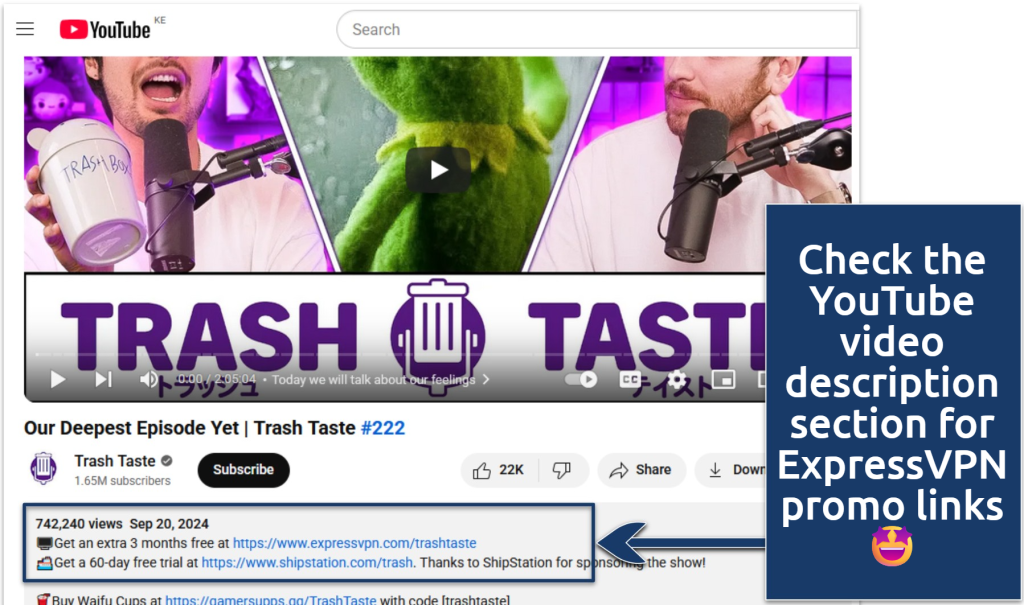 A screenshot of the Trash Taste YouTube page with ExpressVPN link