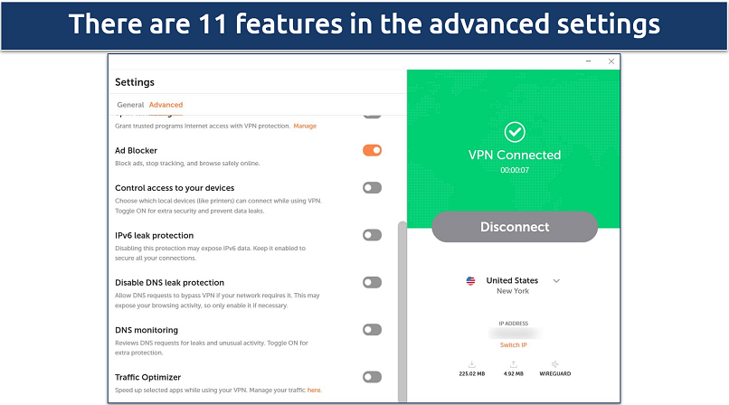 Screenshot of FastVPN's Windows app highlighting the advanced features