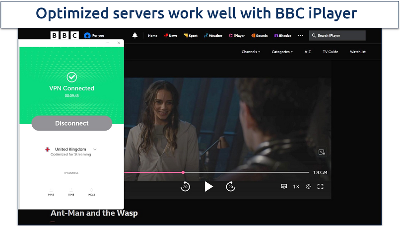 Screenshot of BBC iPlayer streaming Ant-Man and the Wasp while connected to FastVPN's UK streaming server 