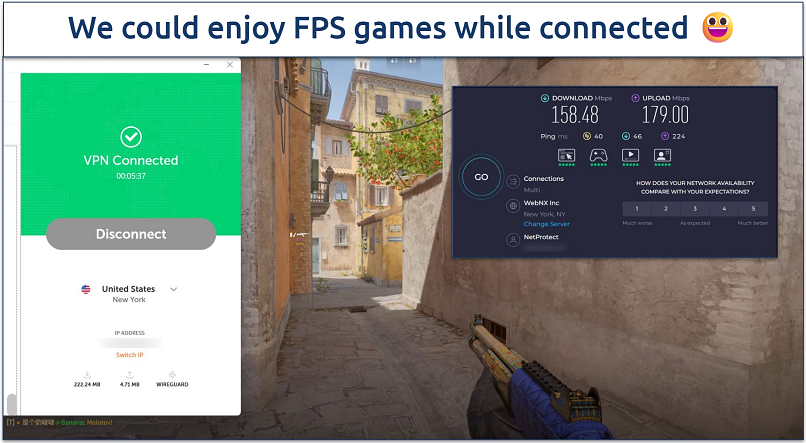 Screenshot of Counter Strike 2 being played while connected to FastVPN's New York server