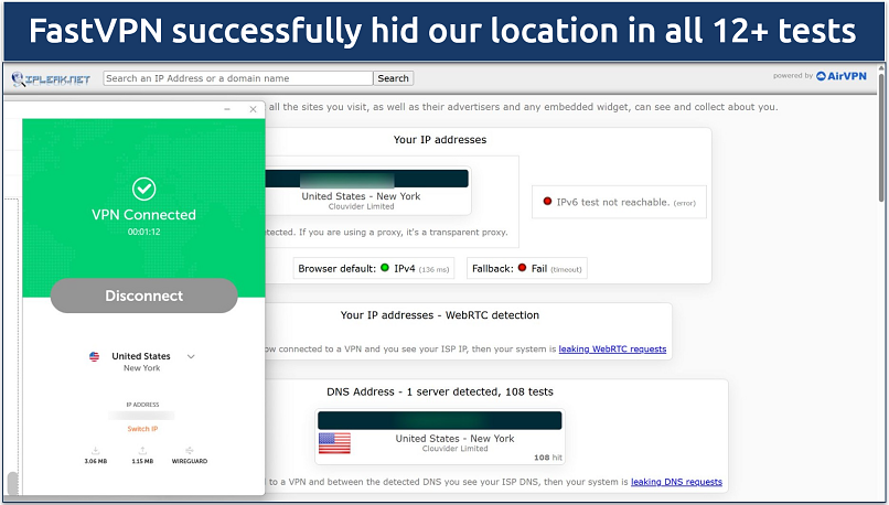 Screenshot of leak tests done on ipleak.net while connected to FastVPN's New York server