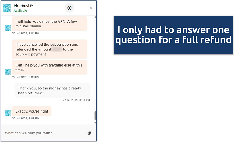 Screenshot of a live chat with FastVPN support staff where they approved my cancellation and refund