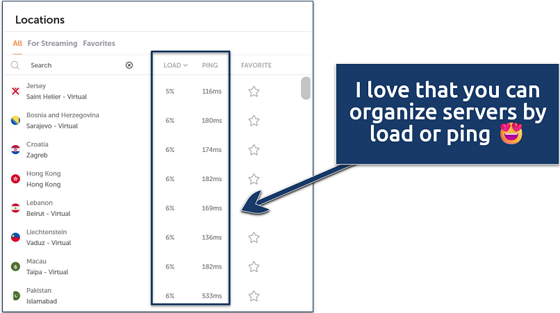 Screenshot of the Windows apps' server network highlighting the ping and load percentage
