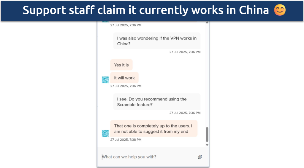 Screenshot of FastVPN support staff claiming the VPN works in China 