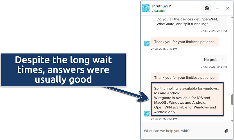 Screenshot of a live chat with FastVPN's support staff where they detailed which devices get which protocols