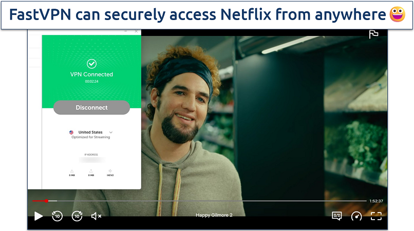 Screenshot of Netflix player streaming Happy Gilmore 2 while connected to FastVPN's US streaming server