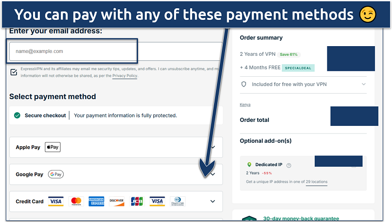 ExpressVPN checkout page showing email entry field and payment options