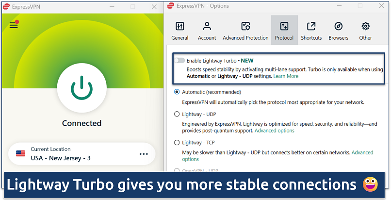ExpressVPN desktop app showing the “Connected” screen and protocol settings tab