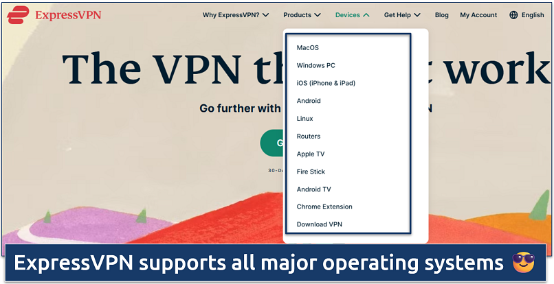 Screenshot of the ExpressVPN website showing the dropdown menu under “Devices,” listing all supported platforms