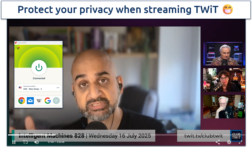 Screenshot from a Club TWiT livestream with the ExpressVPN desktop app shown as active on screen