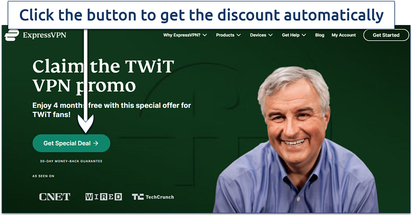 Screenshot of the ExpressVPN TWiT promo page showing Leo Laporte with the “Get Special Deal” button and offer details.
