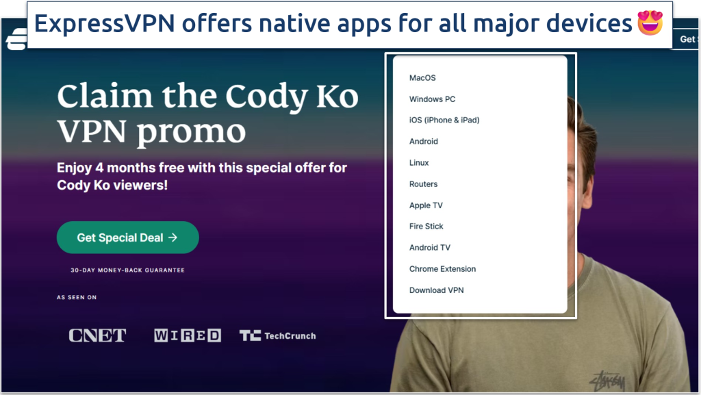 Screenshot showing popular platforms that ExpressVPN supports