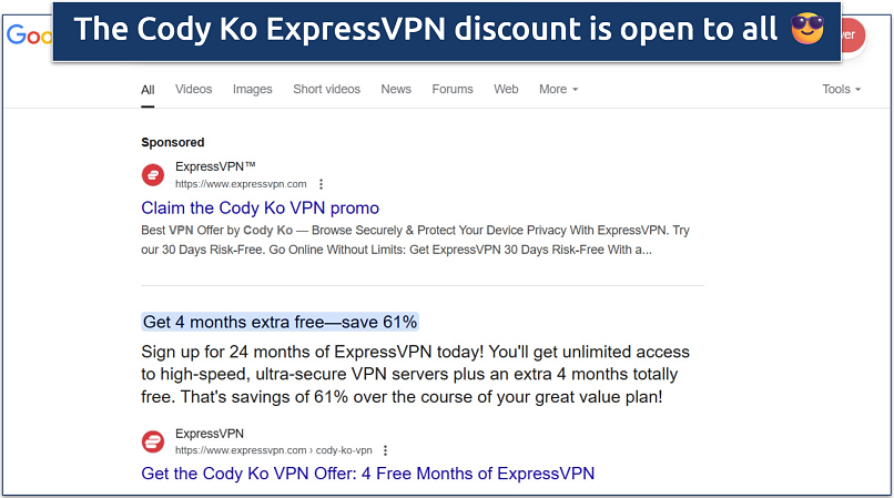 Screenshot of the ExpressVPN Cody Ko Google Search Results