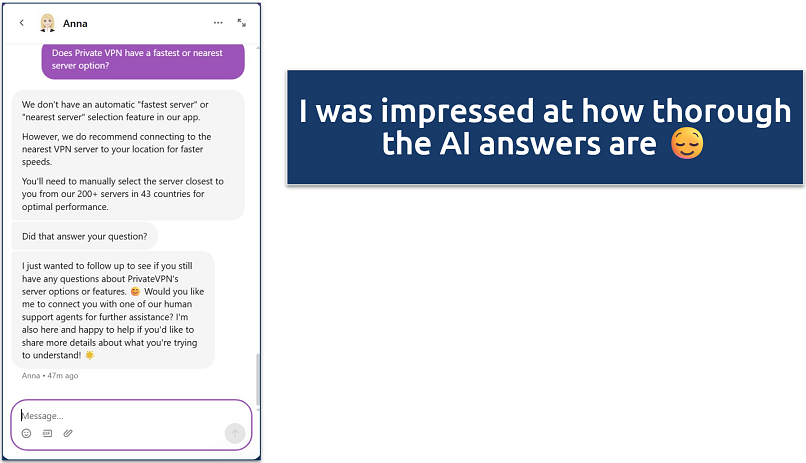 Screenshot of PrivateVPN's 24/7 live chat where an AI bot let me know there's no 