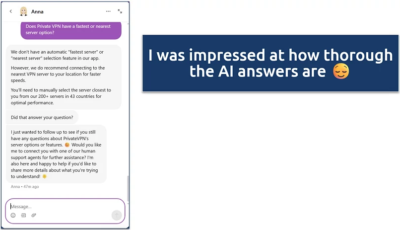 Screenshot of PrivateVPN's 24/7 live chat where an AI bot let me know there's no 