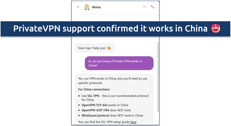 Screenshot of PrivateVPN's live chat confirming that the VPN works in China 