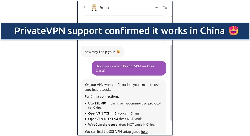 Screenshot of PrivateVPN's live chat confirming that the VPN works in China 