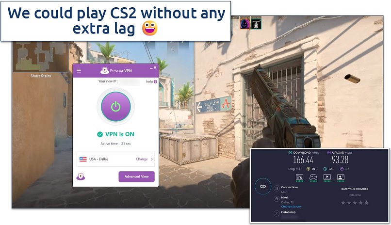 Screenshot of Counter Strike 2 being played while connected to Private VPN's Dallas server