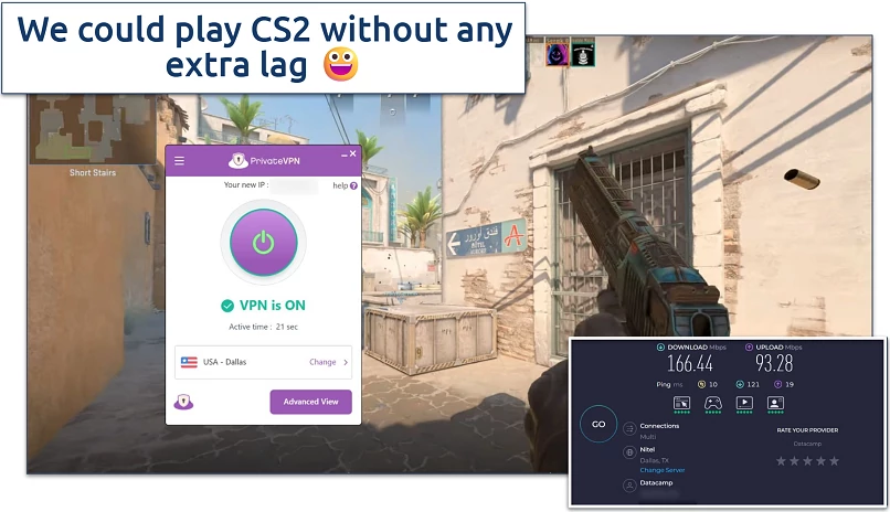 Screenshot of Counter Strike 2 being played while connected to Private VPN's Dallas server