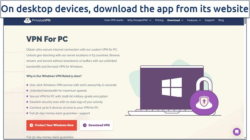 Screenshot of the page from PrivateVPN's website where you can download the Windows app