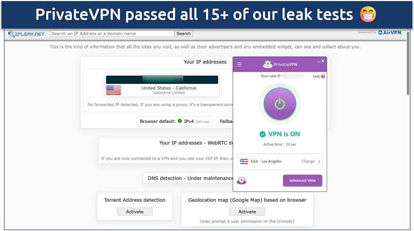 Screenshot of a test done on ipleaks.net while connected to PrivateVPN's Los Angeles server