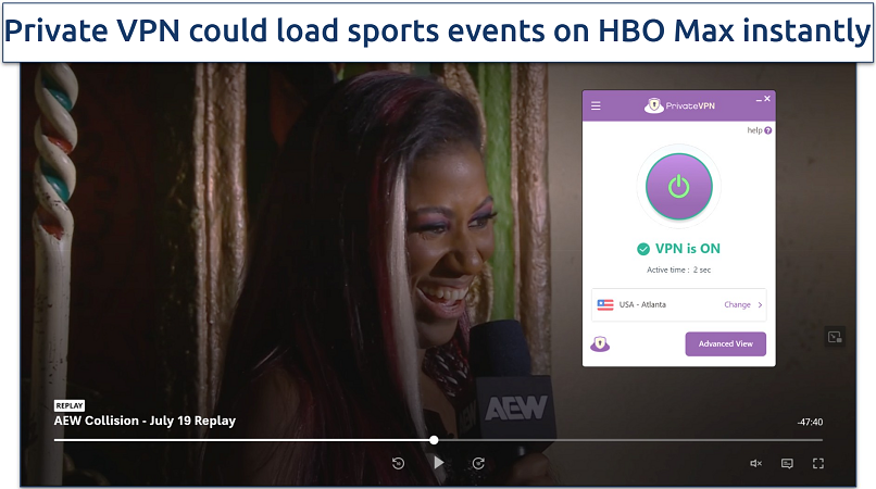 Screenshot of Max player streaming AEW Collision while connected to PrivateVPN's Atlanta server