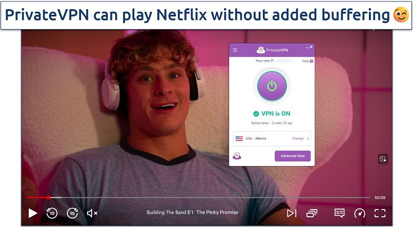 Screenshot of Netflix player streaming Building the Band while connected to PrivateVPN's Atlanta server 