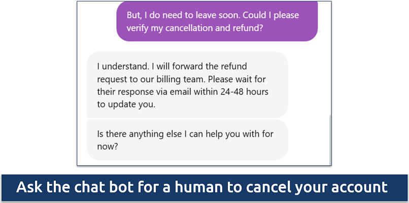 Screenshot of a conversation with support where I asked for my refund 