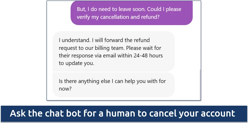 Screenshot of a conversation with support where I asked for my refund 
