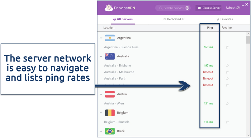 Screenshot of PrivateVPN's server network highlighting where ping rates are listed