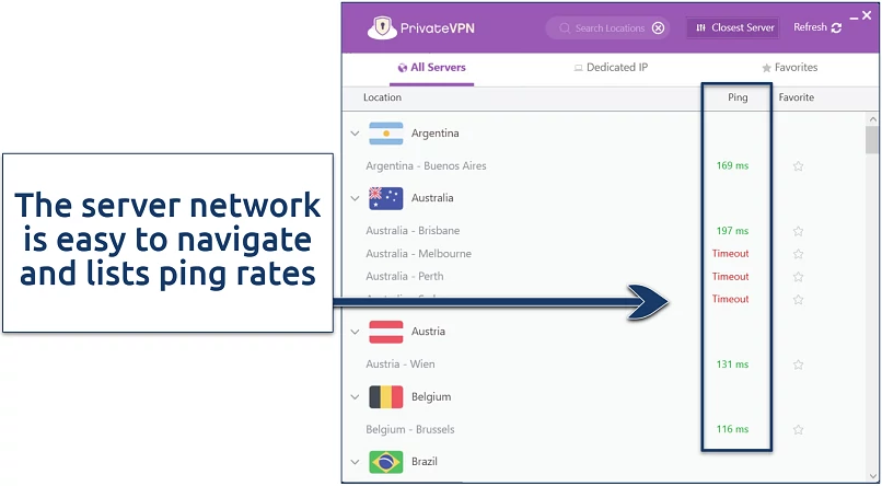 Screenshot of PrivateVPN's server network highlighting where ping rates are listed