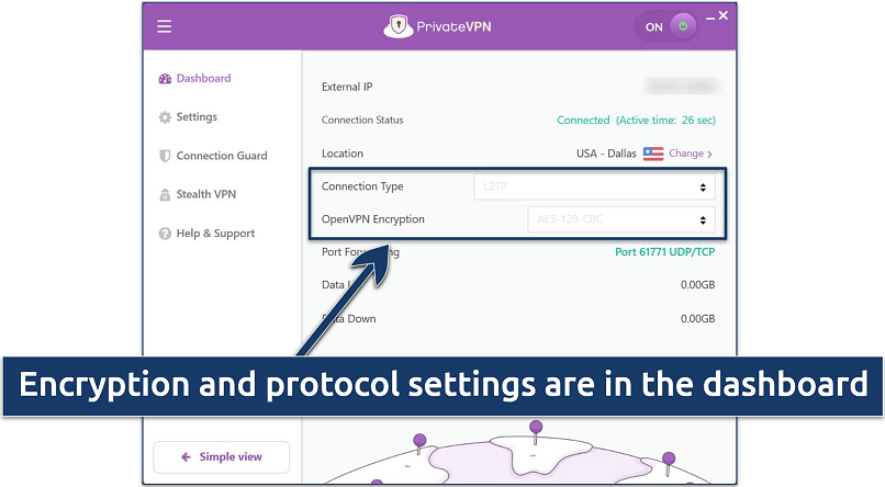Screenshot of PrivateVPN's Windows app connected to a Dallas server highlighting the Dashboard section of the settings