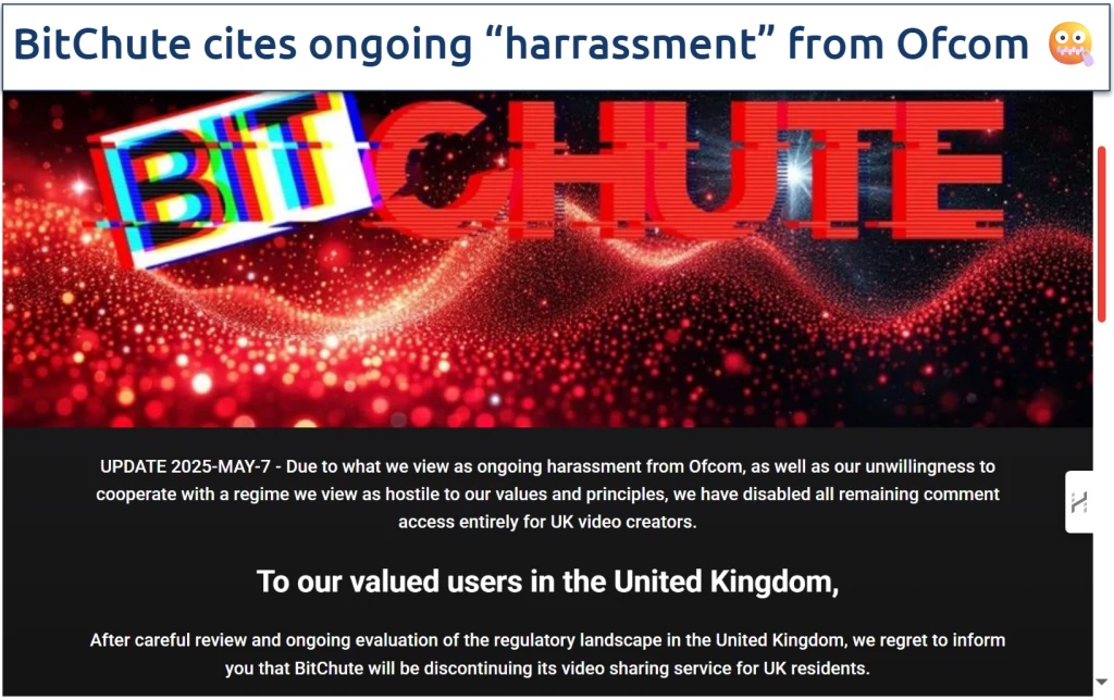 Screenshot of the BitChute disclaimer to UK visitors stating its end of service