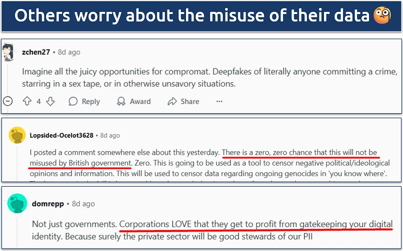 Screenshot of criticism of the new UK age verification law by Redditors