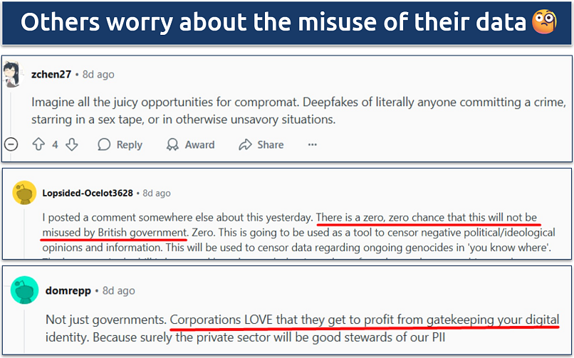 Screenshot of criticism of the new UK age verification law by Redditors