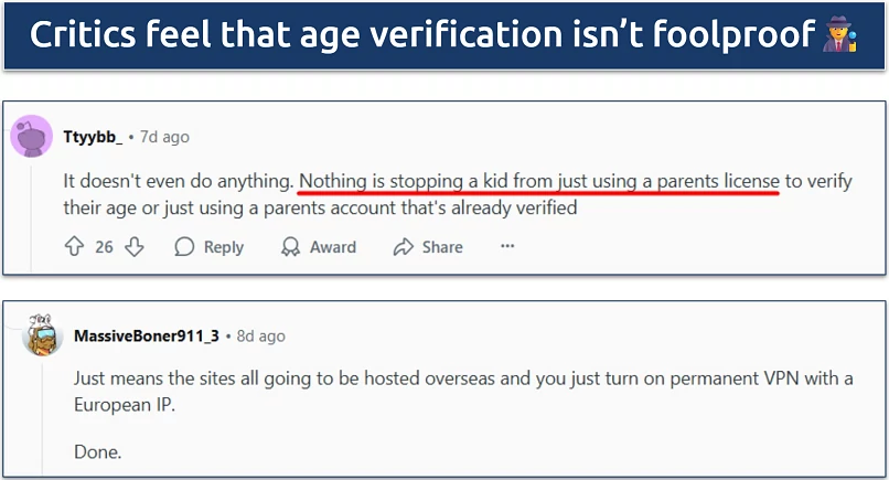Screenshot of criticism of the new UK age verification law by Redditors