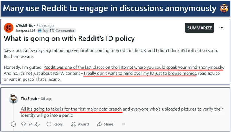 Screenshot of criticism of the new UK age verification law by Redditors