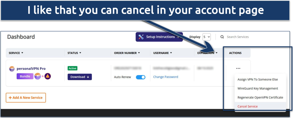 Screenshot of the Witopia Personal VPN dashboard highlighting where you can cancel an account 