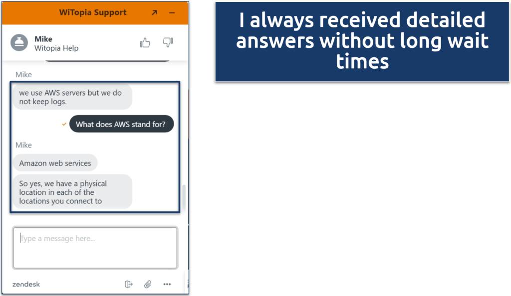 Screenshot of a live chat with Witopia support staff where they explained what AWS servers are