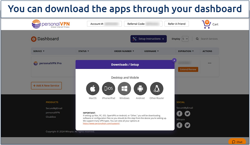 Screenshot of WiTopia's download page which is found through its online dashboard