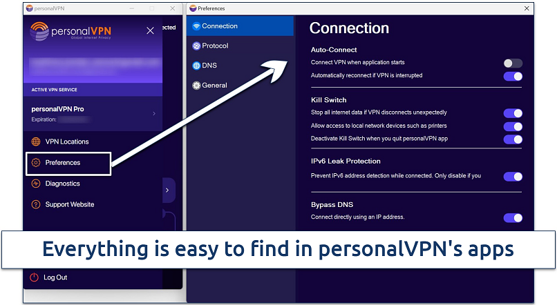 Screenshot of WiTopia's UI on Windows highlighting where to find its settings