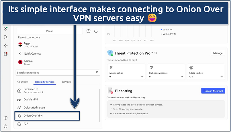 creenshot showing NordVPN has Onion Over VPN servers