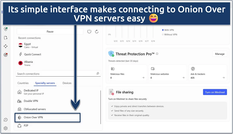 Screenshot showing NordVPN has Onion Over VPN servers