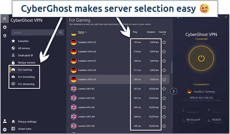 Screenshot of CyberGhost's Windows app showing its server selection aides