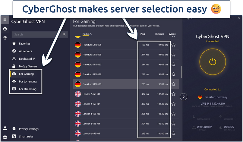 Screenshot of CyberGhost's Windows app showing its server selection aides