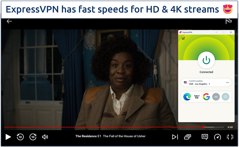 Screenshot of streaming The Residence on Netflix while connected to ExpressVPN's USA - Los Angeles - 1 server
