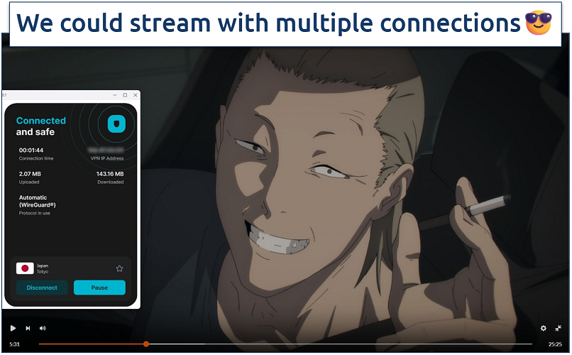 Screenshot of streaming Chainsaw Man on Crunchyroll while connected to Surshark's Japan server